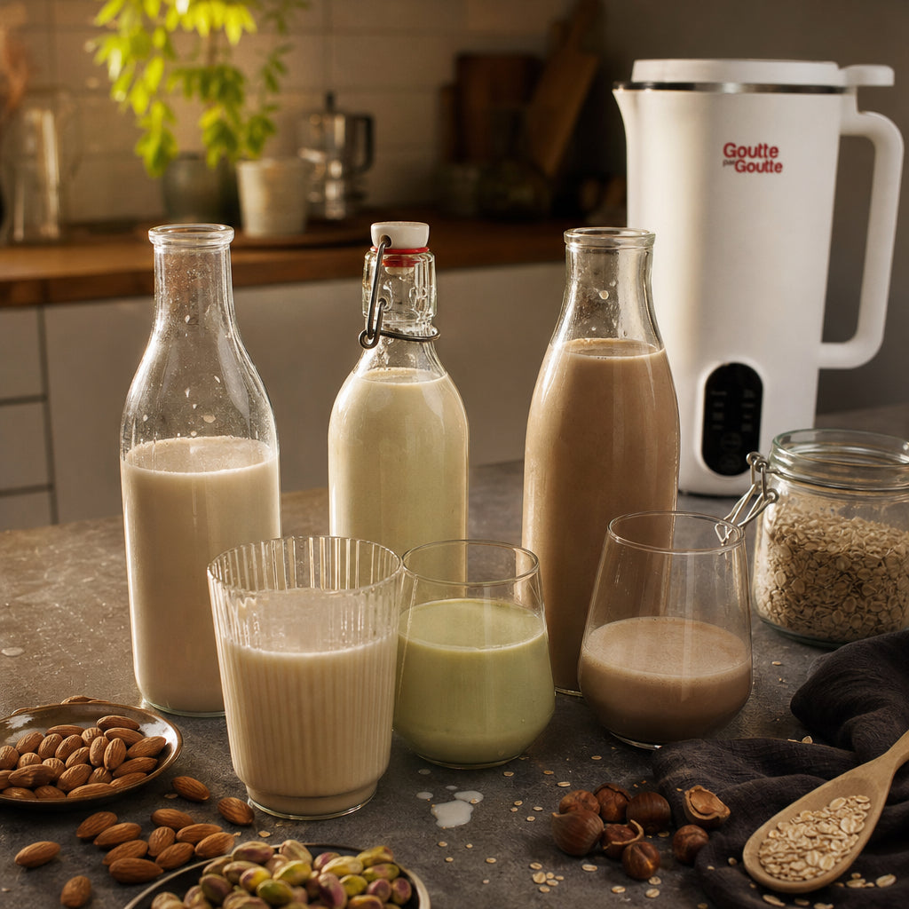 Laits végétaux maison dans une cuisine chaleureuse avec machine Goutte par Goutte en arrière-plan.