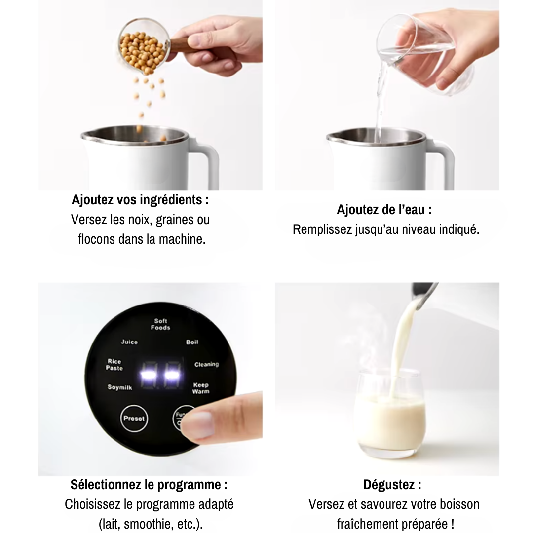 Machine à Lait Végétal 600ml - 8 Fonctions, Auto-nettoyage, 10 Lames, Programmation 12h, Acier Inox